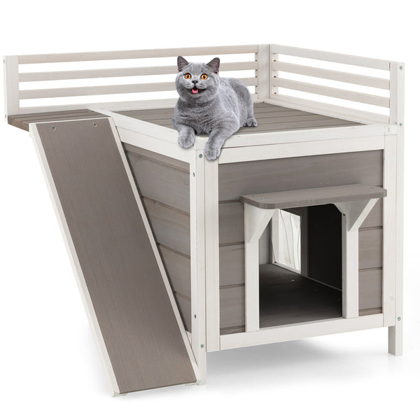 Outdoor Wooden Feral Cat House with Balcony and Slide