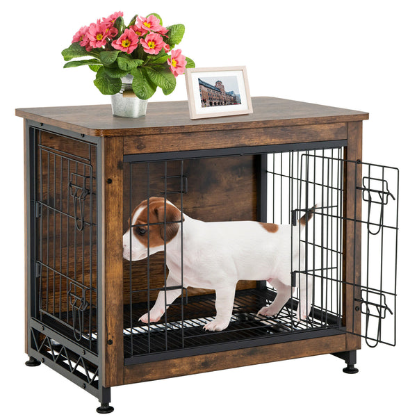 Wooden Dog Crate Furniture with Tray and Double Door