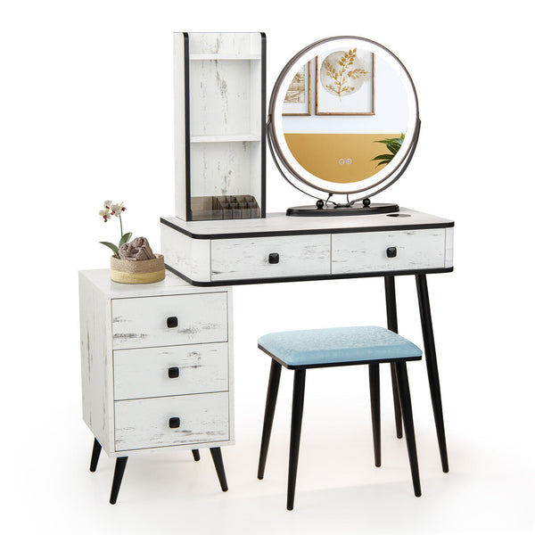 Vanity Table Set with 3-Color Lighted Mirror and Cushioned Stool