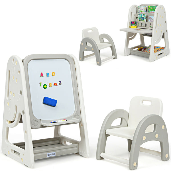 2 in 1 Kids Easel Desk Chair Set Book Rack Adjustable Art Painting Board