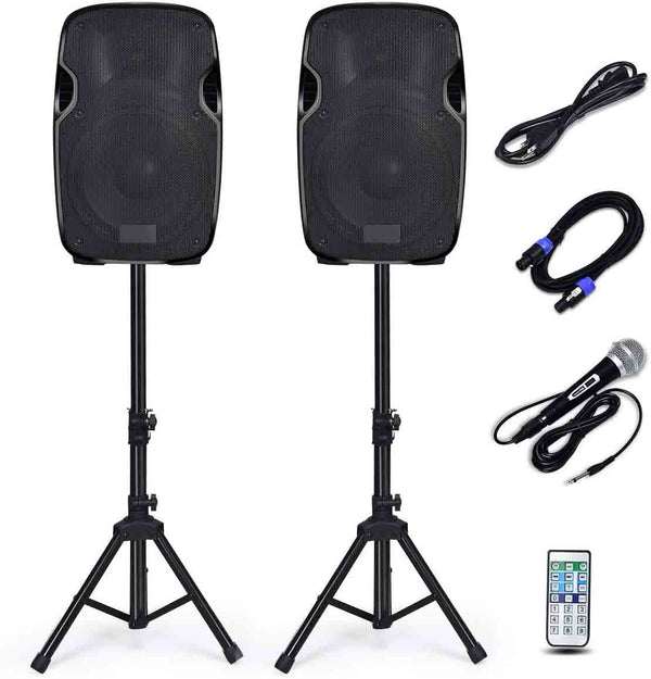 Portable DJ Speaker with Active and Passive Speakers and 2 Speaker Stands, Microphone