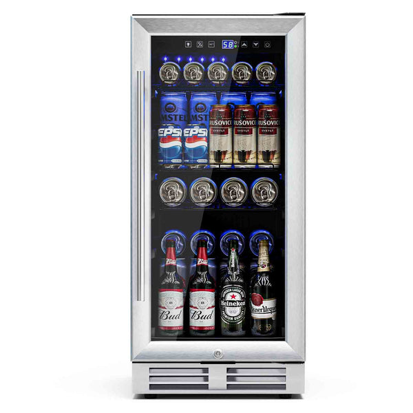 15 Inch 100 Can Built-in Freestanding Beverage Cooler Refrigerator with Adjustable Temperature and Shelf