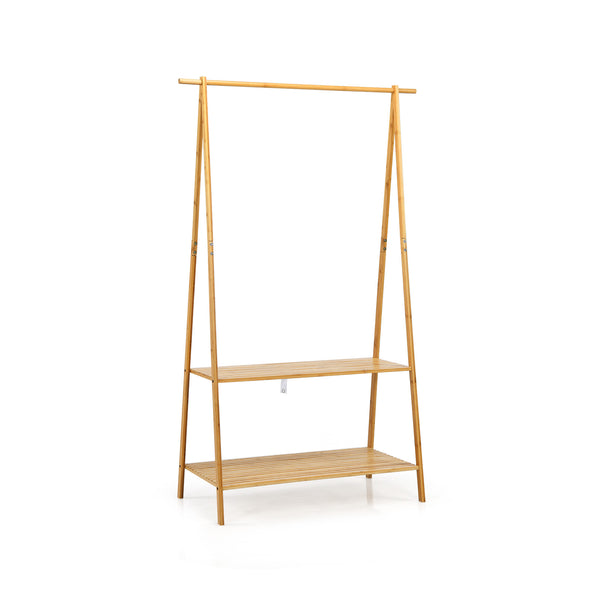 Bamboo Clothes Hanging Rack with 2-Tier Storage Shelf for Entryway Bedroom