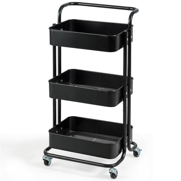 3-Tier Metal Rolling Storage Cart Trolley 2 Brakes with Handle