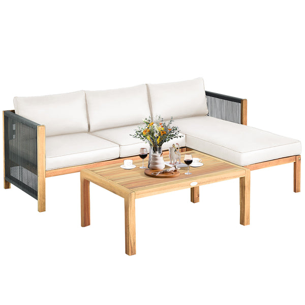 3 Pieces Patio Acacia Wood Sofa Furniture Set with Nylon Rope Armrest