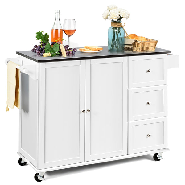 Kitchen Island 2-Door Storage Cabinet with Drawers and Stainless Steel Top