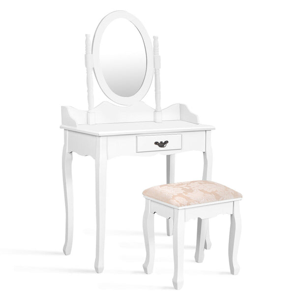 Wooden Vanity Table Set with Oval Mirror and Cushioned Stool