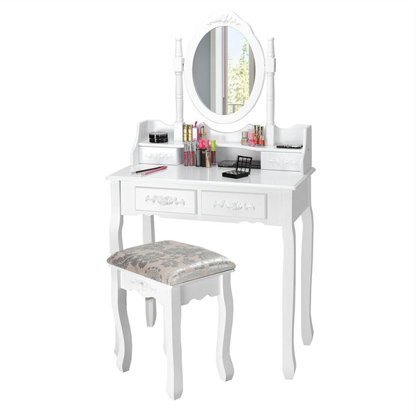 Vanity Table Set with Oval Mirror and 4 Drawers