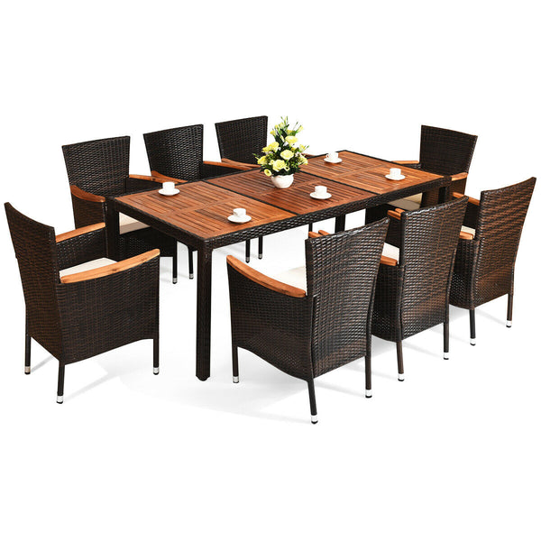 9 Pcs Patio Rattan Dining Set 8 Chairs Cushioned Acacia Table Top