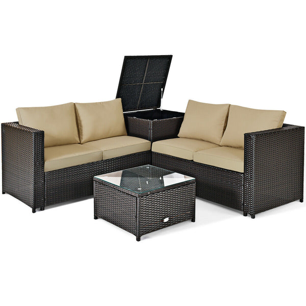 4 Pieces Outdoor Patio Rattan Furniture Set with Cushioned Loveseat and Storage Box