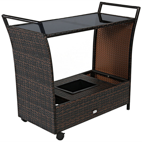 Patio Rattan Bar Serving Cart with Glass Top and Handle