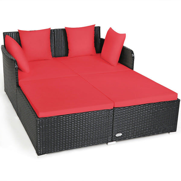 Spacious Outdoor Rattan Daybed with Upholstered Cushions and Pillows