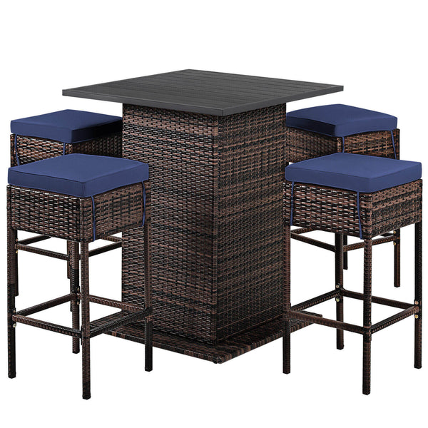 5 Pieces Patio Rattan Cushioned Bar Furniture Set with Hidden Storage Shelf