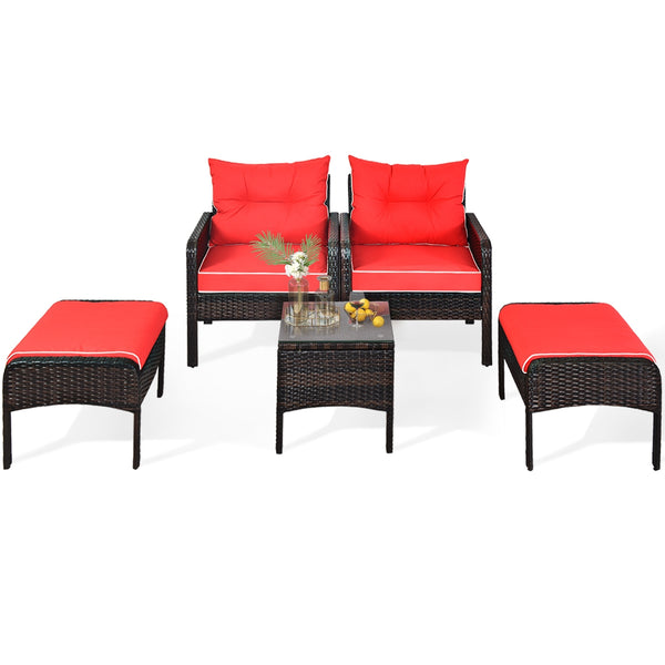 5 Pieces Patio Rattan Sofa Ottoman Furniture Set with Cushions