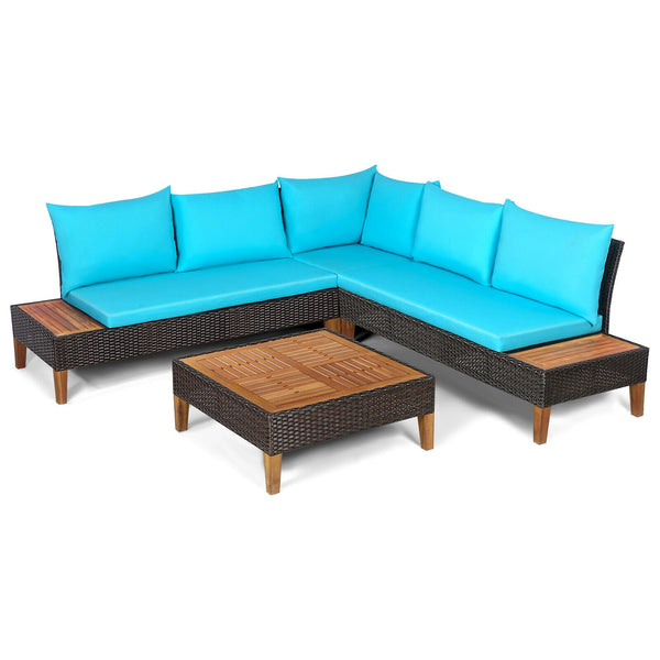 4 Pieces Patio Cushioned Rattan Furniture Set with Wooden Side Table