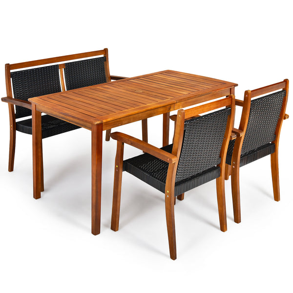 4 Pieces Patio Rattan Dining Furniture Set with Acacia Wood Frame Chair