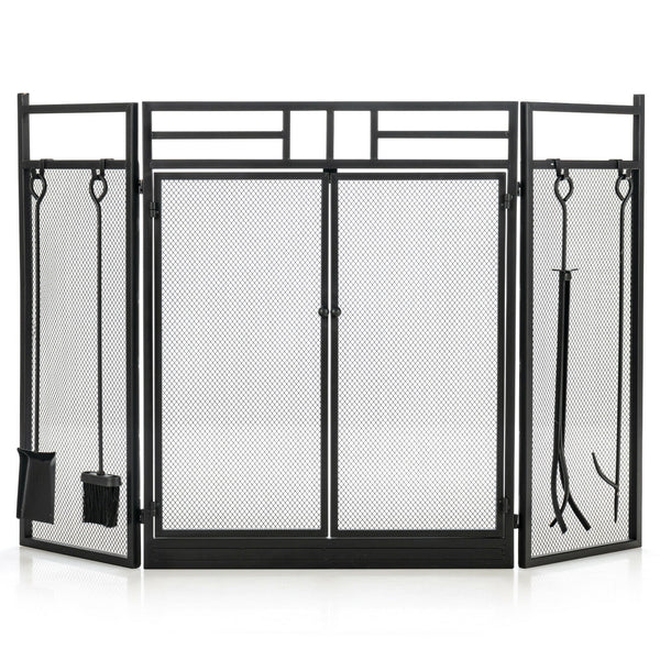 3-Panel Folding Wrought Iron Fireplace Screen with Doors and 4 Pieces Tools Set