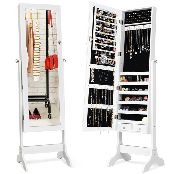 Lockable Mirrored Jewelry Cabinet Armoire Storage Organizer Box