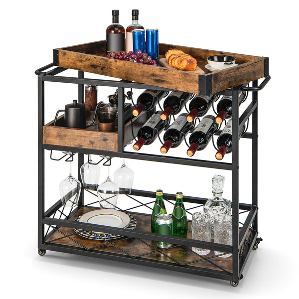 3-Tier Rolling Bar Cart with Removable Tray and Wine Rack