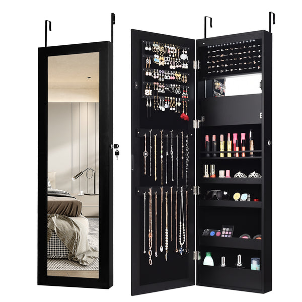 Lockable Wall Door Mounted Mirror Jewelry Cabinet with LED Lights