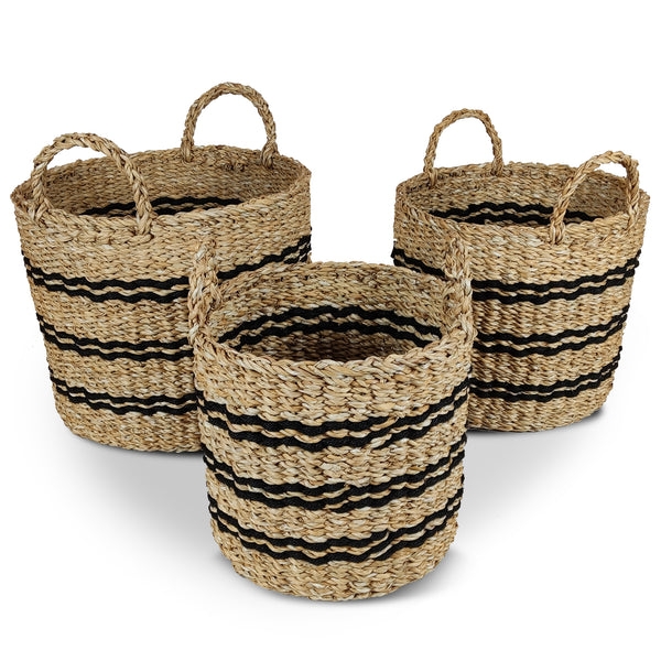 Seagrass Basket Set of 3 Stackable Storage Bins with Handles Woven Round Basket