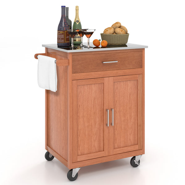 Wooden Kitchen Rolling Storage Cabinet with Stainless Steel Top