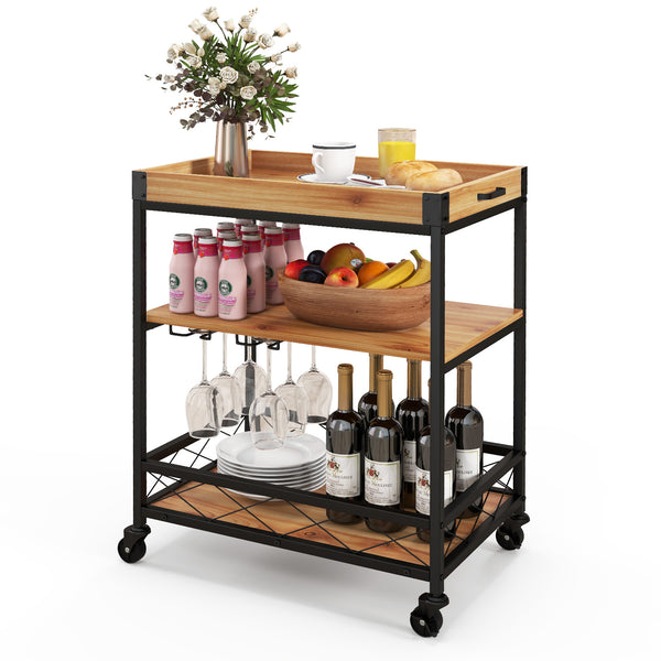 3 Tiers Industrial Bar Serving Cart with Utility Shelf and Handle Racks