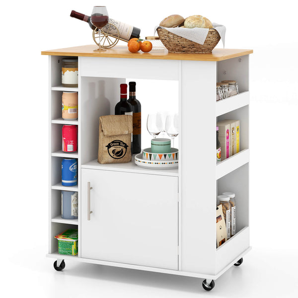 Kitchen Cart on Wheels with Bamboo Top and 6-Bottle Wine Rack