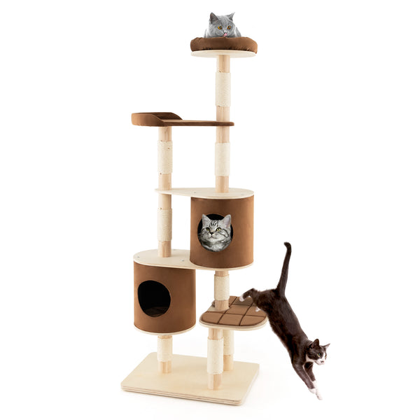 6-Tier Wooden Cat Tree with 2 Removeable Condos Platforms and Perch