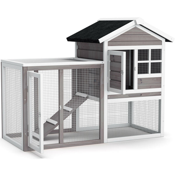 2-Story Wooden Rabbit Hutch with Running Area