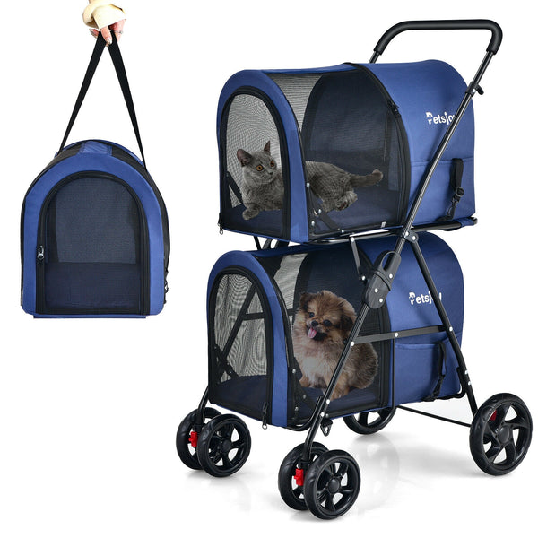 4-in-1 Double Pet Stroller with Detachable Carrier and Travel Carriage