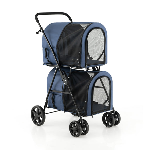 4-in-1 Foldable Double Layer Pet Stroller with 2 Detachable Carriers