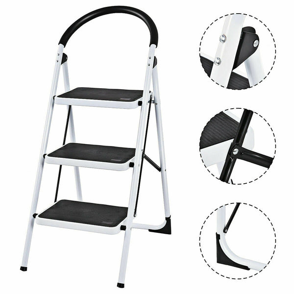 3 Step Ladder Folding Stool Heavy Duty Industrial Lightweight