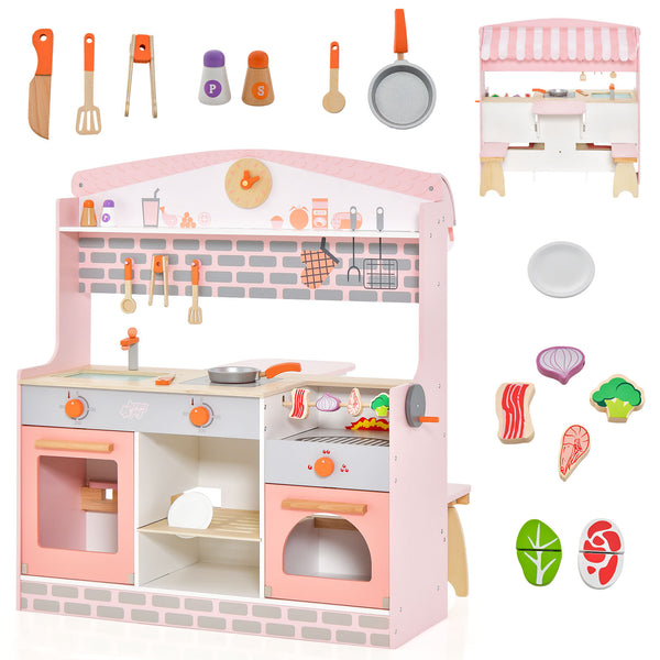 Double-Sided Kids Play Kitchen Set with Canopy and 2 Seats