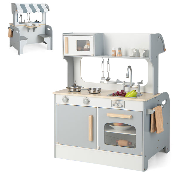 Double Sided Kids Pretend Kitchen Playset with 2-Seat Cafe