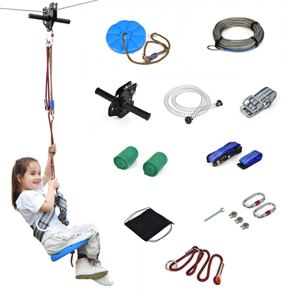 100 Feet Zipline Kit for Backyard Kids Adults with Stainless Steel Spring Brake Seat