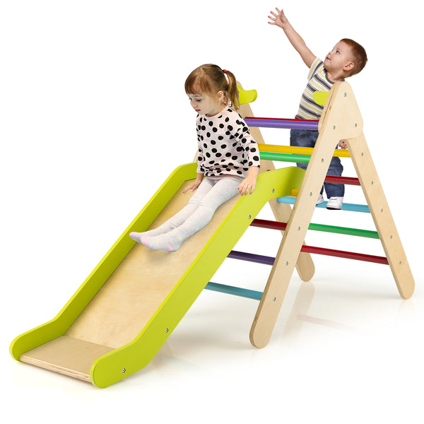 2-in-1 Wooden Triangle Climber Set with Gradient Adjustable Slide