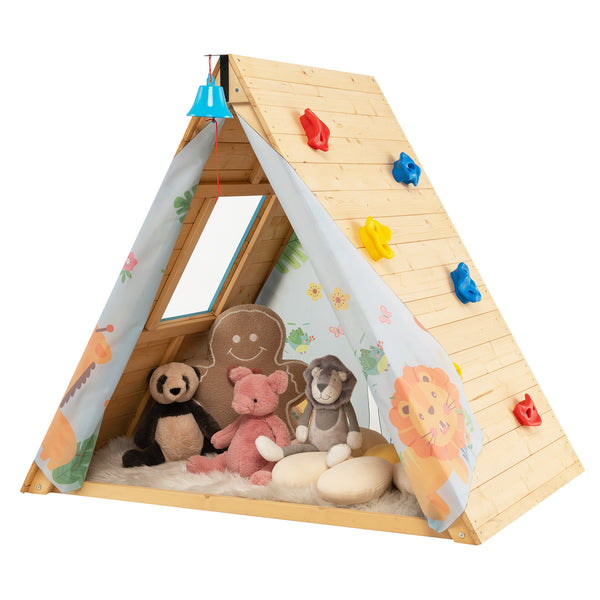 2-in-1 Wooden Kids Triangle Playhouse with Climbing Wall and Front Bell