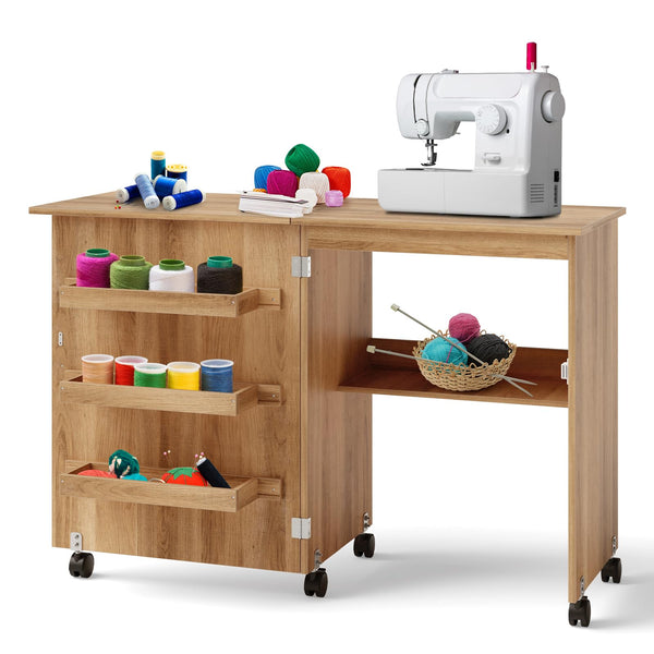 Folding Sewing Table with Storage Shelf and 5 Lockable Wheels